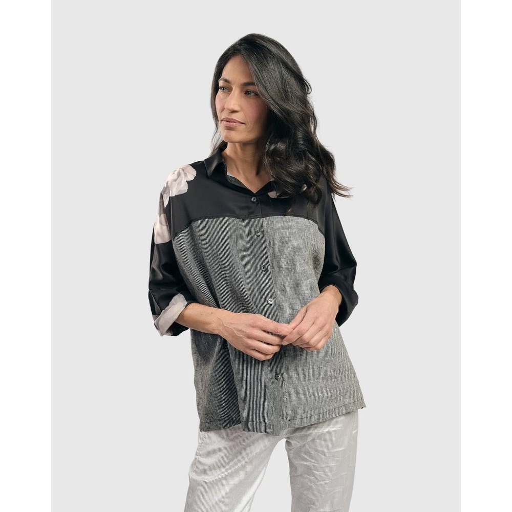 Alembika Mia Rose-Yoked Linen Shirt Womens S Grey Floral Mixed Media Boxy Top